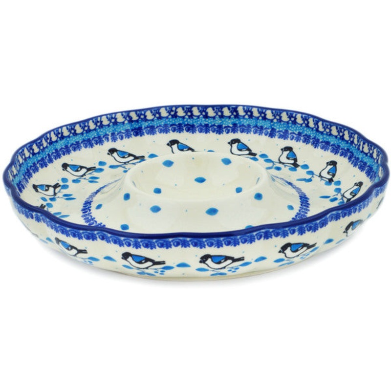 Polish Pottery 10 Chip and Dip Platter Winter Sparrow