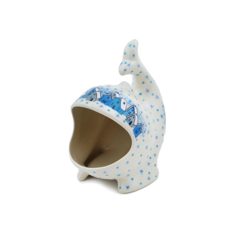 Polish Pottery Salt Cellar, Salt Pig, Sponge Holder, Whale Snowy Village UNIKAT