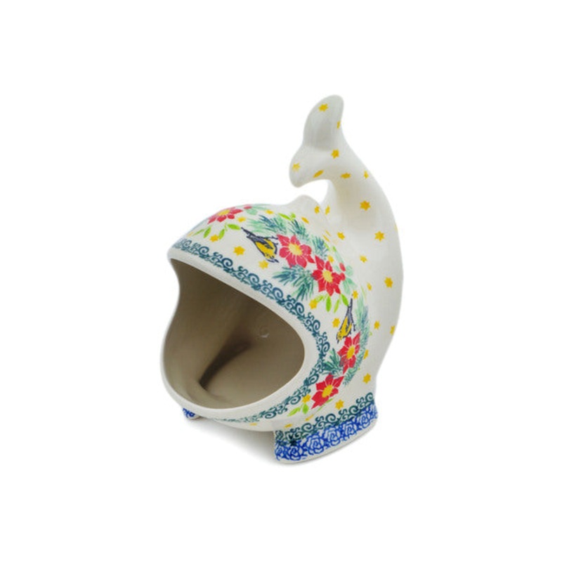 Polish Pottery Salt Cellar, Salt Pig, Sponge Holder, Whale Festive Avian Delight UNIKAT