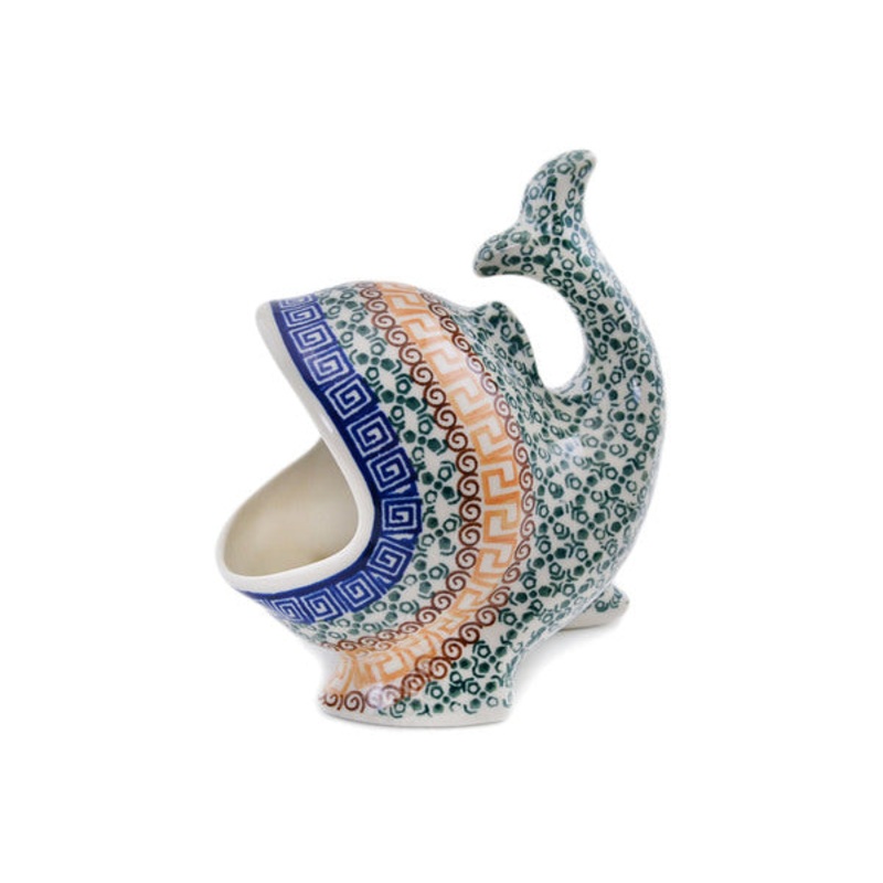Polish Pottery Salt Cellar, Salt Pig, Sponge Holder, Whale Grecian Sea