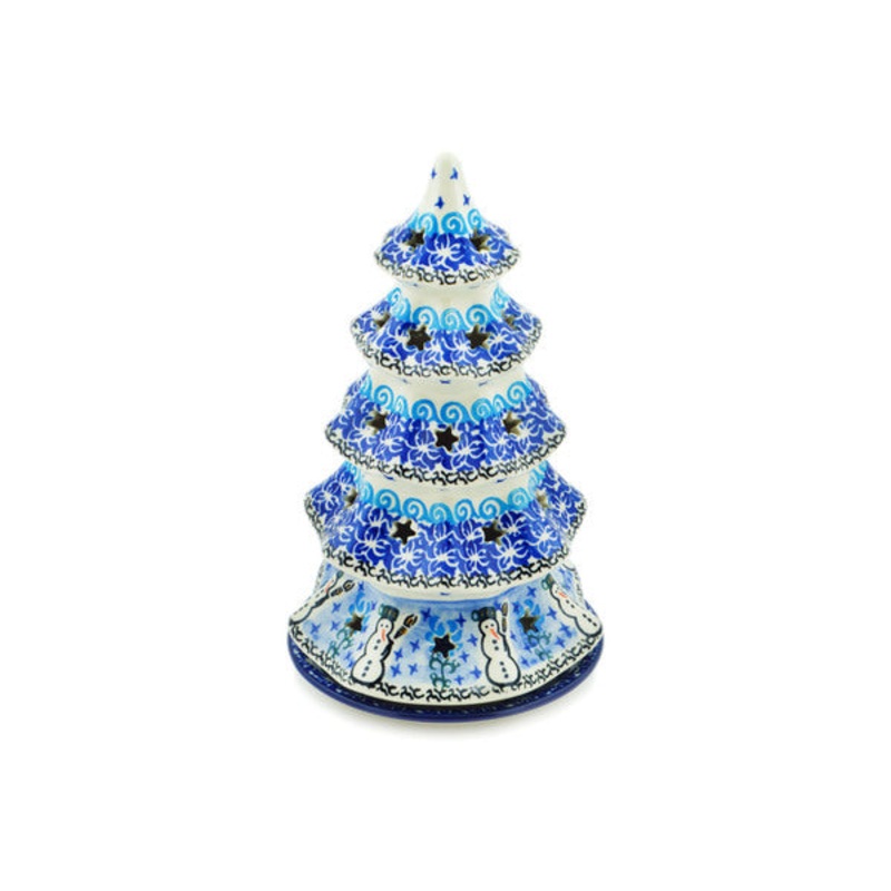 Polish Pottery 10 Christmas Tree Candle Holder Snowmen Circle UNIKAT