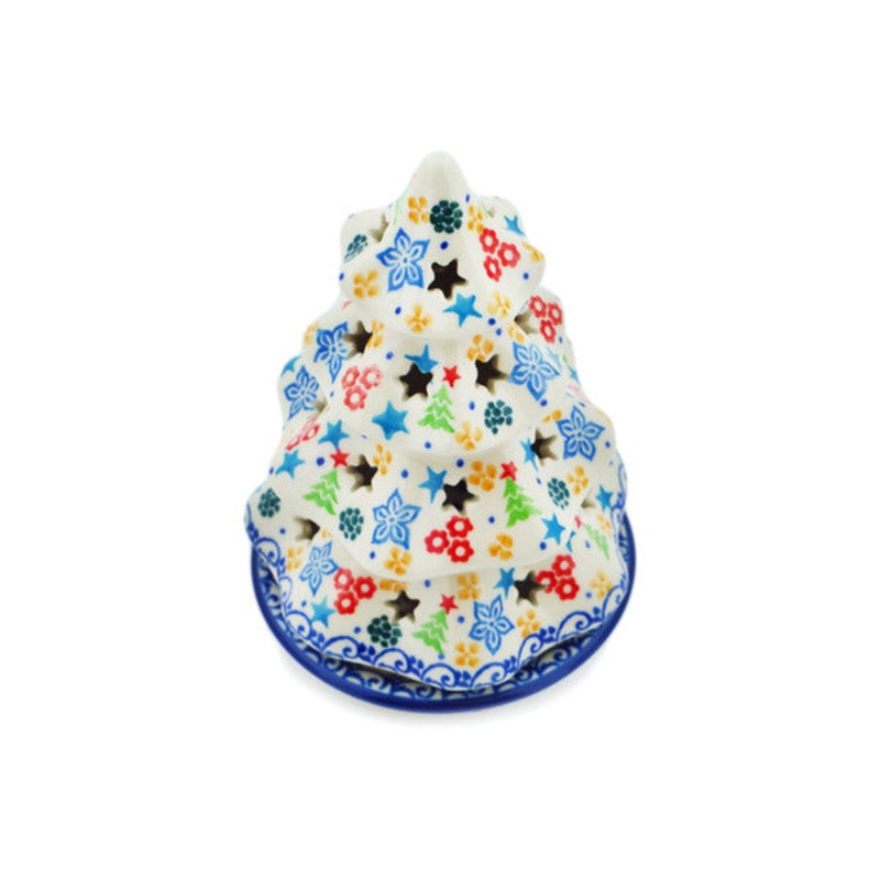 Polish Pottery 6 Christmas Tree Candle Holder Joyful Cheer UNIKAT