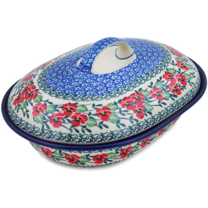 Polish Pottery 10 Baker with Cover Red Pansy