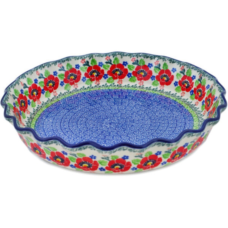 Polish Pottery 10 Fluted Pie Dish Flourishing Flowers