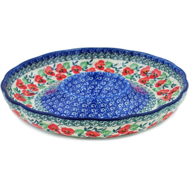 Polish Pottery 10 Chip and Dip Platter Red Pansy