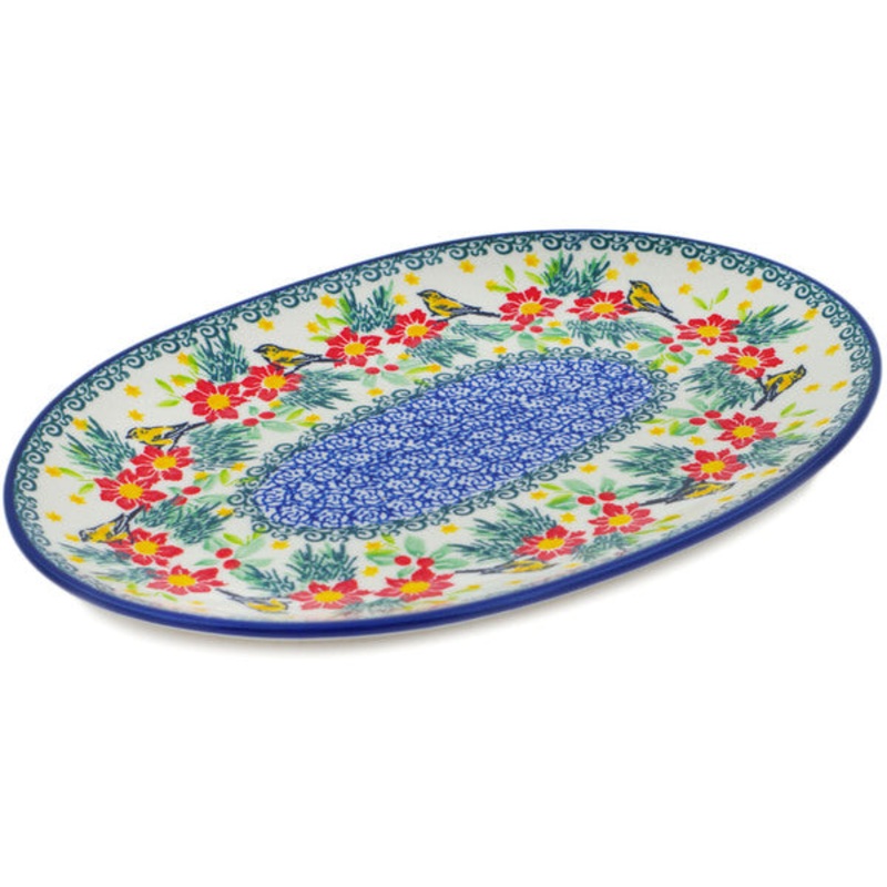 Polish Pottery 10 Oval Platter Festive Avian Delight UNIKAT