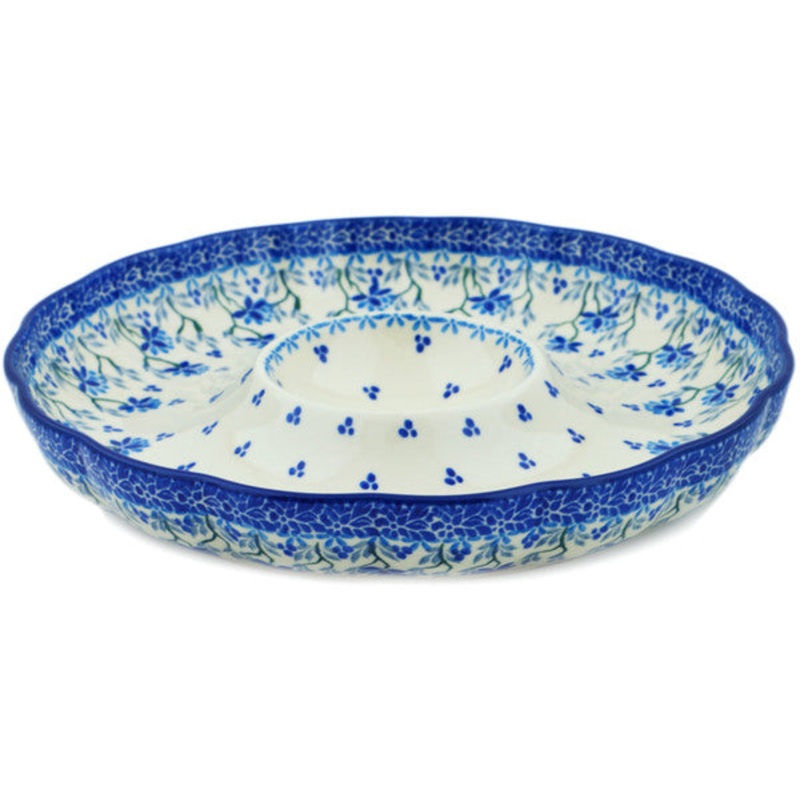 Polish Pottery 10 Chip and Dip Platter Blue Grapevine