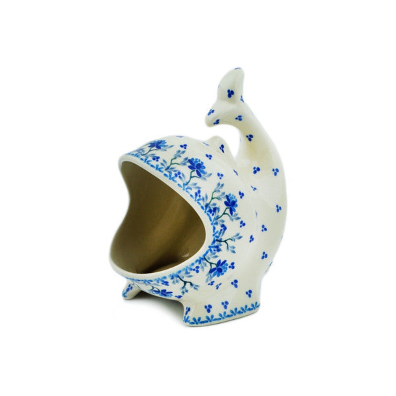Polish Pottery Salt Cellar, Salt Pig, Sponge Holder, Whale Blue Grapevine