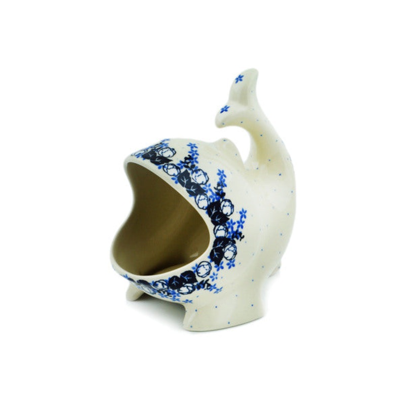 Polish Pottery Salt Cellar, Salt Pig, Sponge Holder, Whale Flowers At Dusk