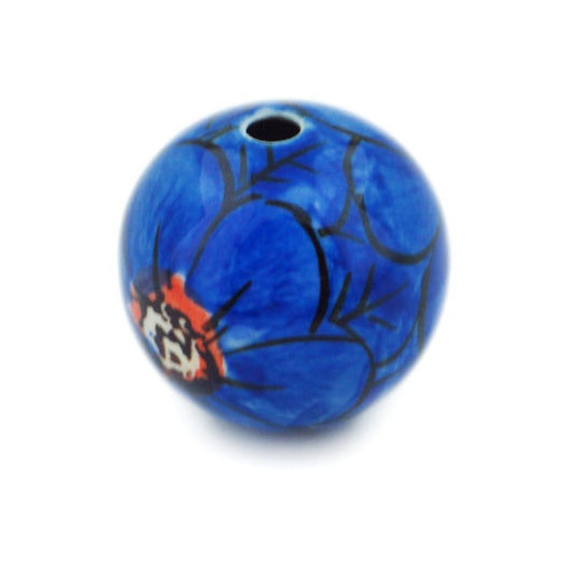 Polish Pottery 1 Bead Cobalt Poppies UNIKAT