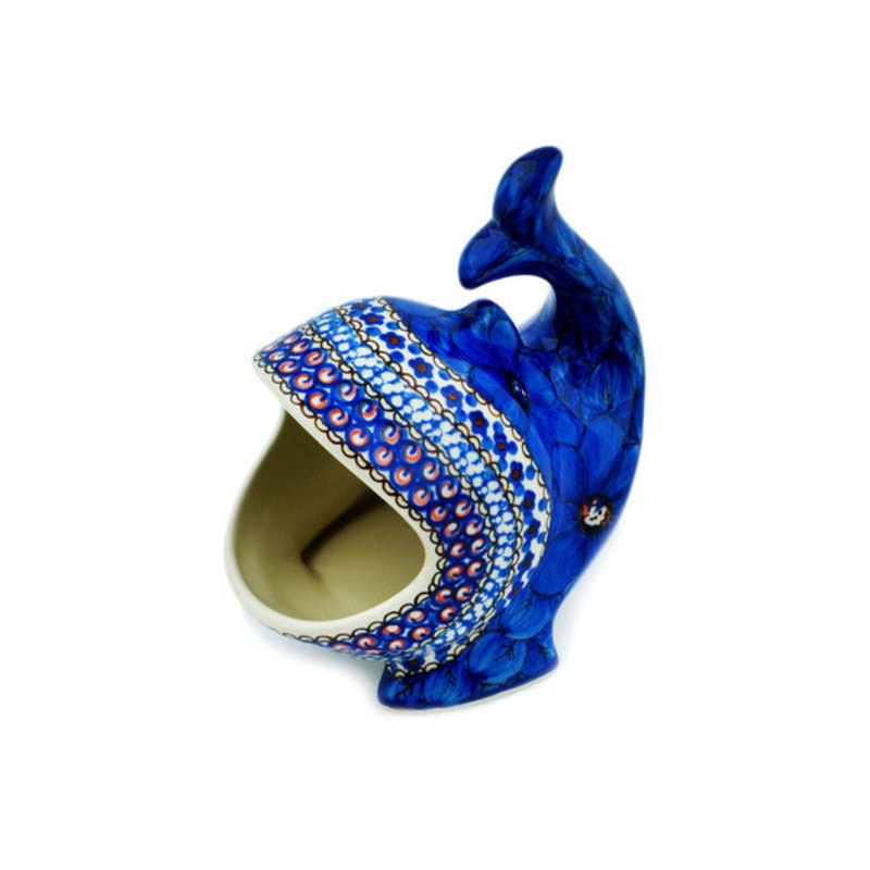 Polish Pottery Salt Cellar, Salt Pig, Sponge Holder, Whale Cobalt Poppies UNIKAT