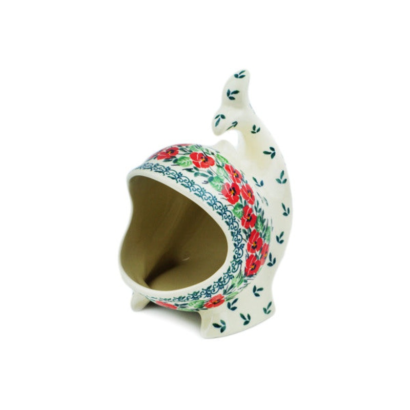 Polish Pottery Salt Cellar, Salt Pig, Sponge Holder, Whale Red Pansy