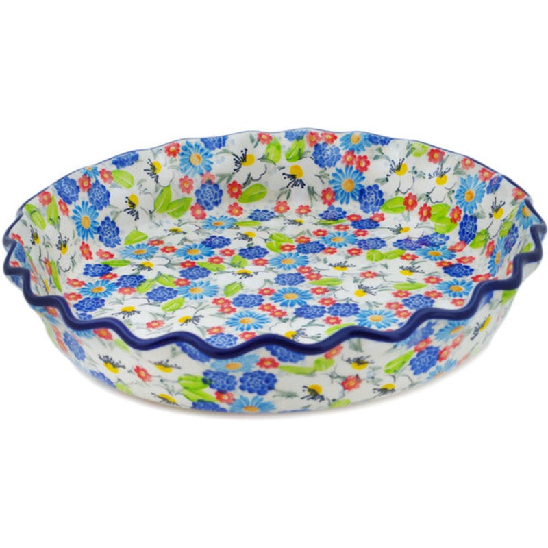 Polish Pottery 10 Fluted Pie Dish Anemone Flower Garden UNIKAT