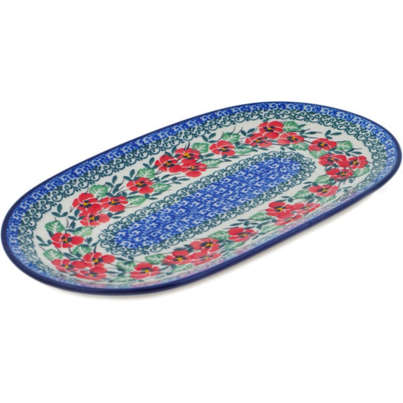Polish Pottery 10 Oval Platter Red Pansy
