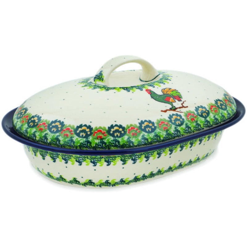 Polish Pottery 10 Baker with Cover Rooster’s Crow UNIKAT