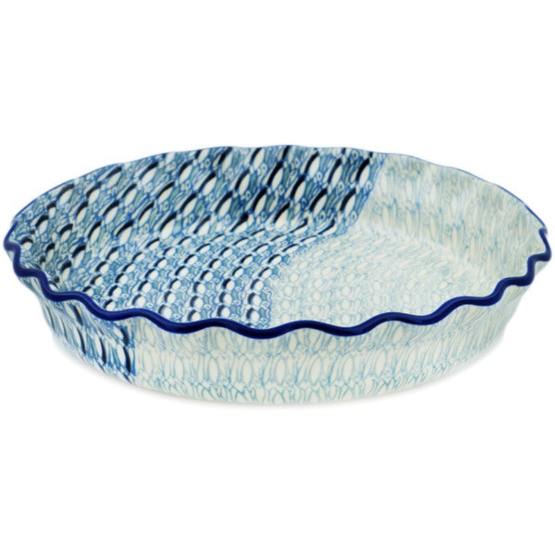 Polish Pottery 10 Fluted Pie Dish Blue Wave UNIKAT