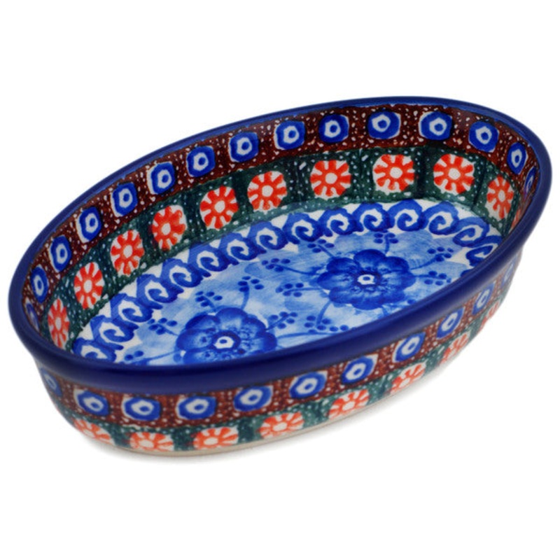 Polish Pottery 6 Condiment Dish Dancing Blue Poppies UNIKAT