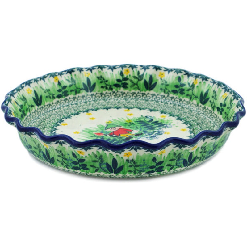 Polish Pottery 10 Fluted Pie Dish Green Tranquility UNIKAT