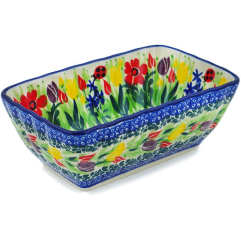 Polish Pottery Mini loaf pan Lady Bug Tulips UNIKAT