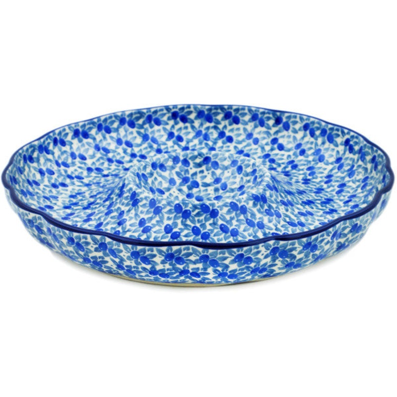 Polish Pottery 10 Chip and Dip Platter Blue Olive Waves