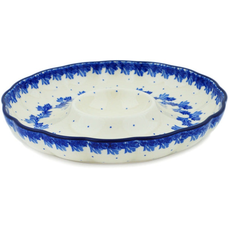 Polish Pottery 10 Chip and Dip Platter Blue Wreath Of Leaves