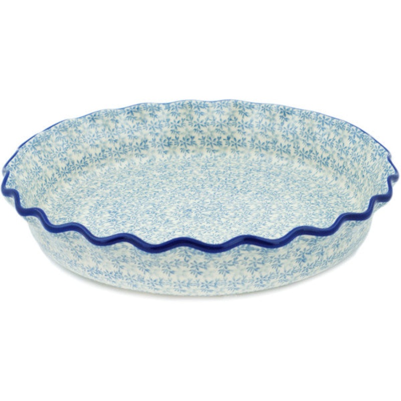 Polish Pottery 10 Fluted Pie Dish Blue Water Lily