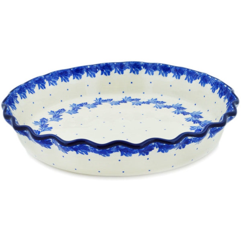 Polish Pottery 10 Fluted Pie Dish Blue Wreath Of Leaves