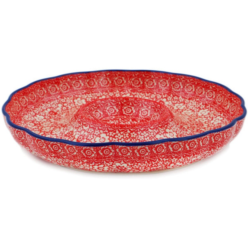 Polish Pottery 10 Chip and Dip Platter Magical Red UNIKAT