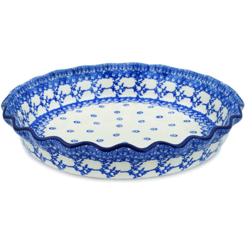 Polish Pottery 10 Fluted Pie Dish Blue Twigs