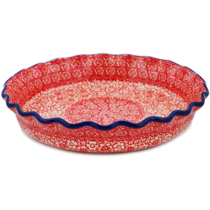 Polish Pottery 10 Fluted Pie Dish Magical Red UNIKAT