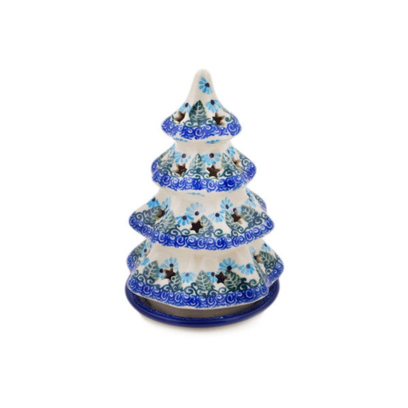Polish Pottery 6 Christmas Tree Candle Holder Forget Me Not UNIKAT
