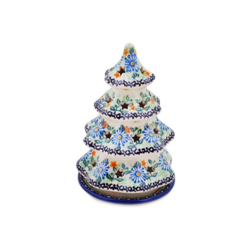 Polish Pottery 6 Christmas Tree Candle Holder Peach Daisies UNIKAT