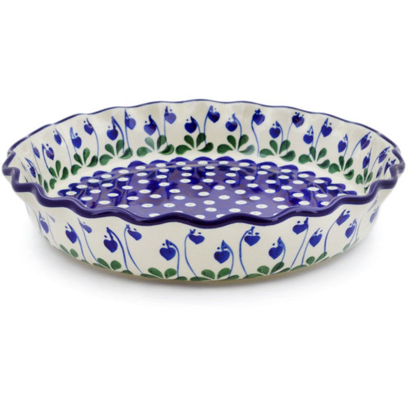 Polish Pottery 10 Fluted Pie Dish Bleeding Heart Peacock