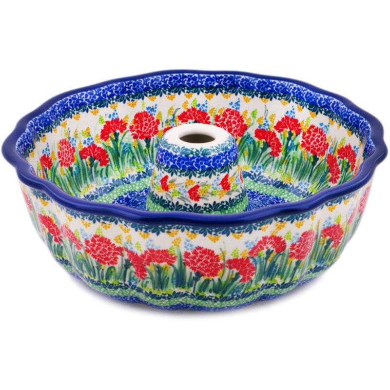 Polish Pottery 10 Cake Mould Bright Carnations UNIKAT