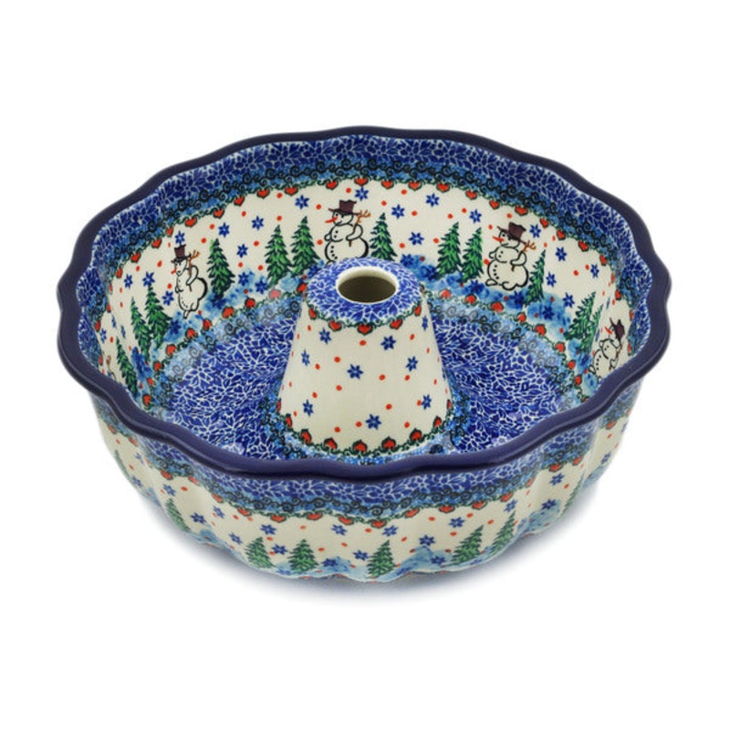 Polish Pottery 10 Cake Mould Dancing Snowman UNIKAT