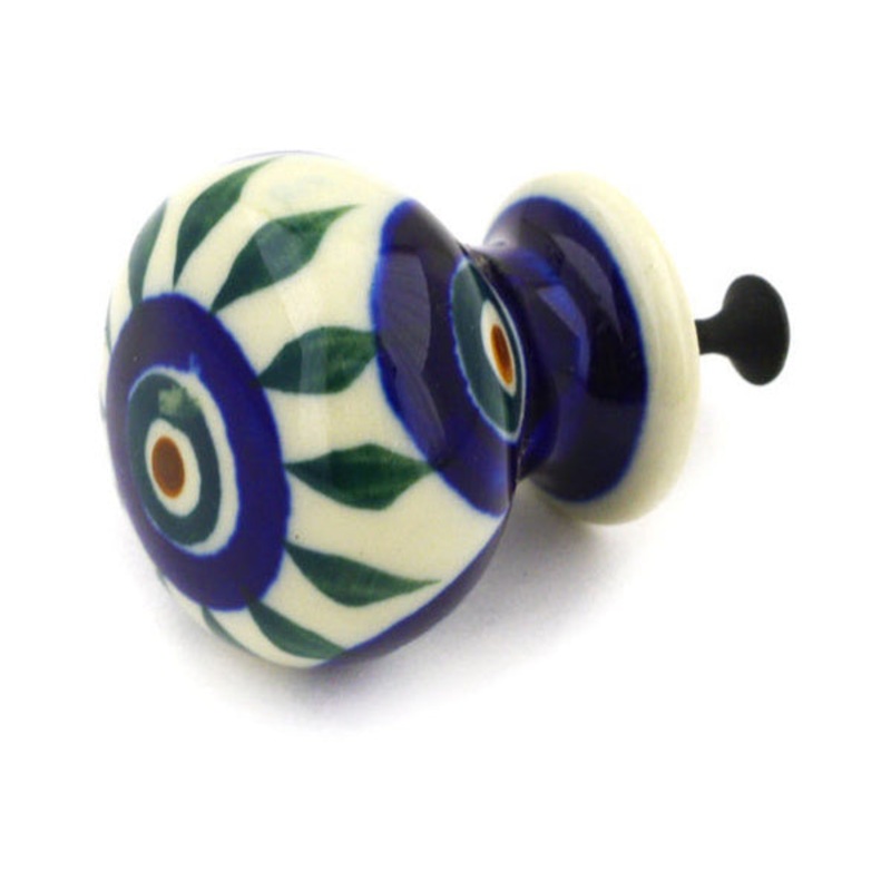 Polish Pottery Drawer knob 1-3/8 inch Peacock Leaves