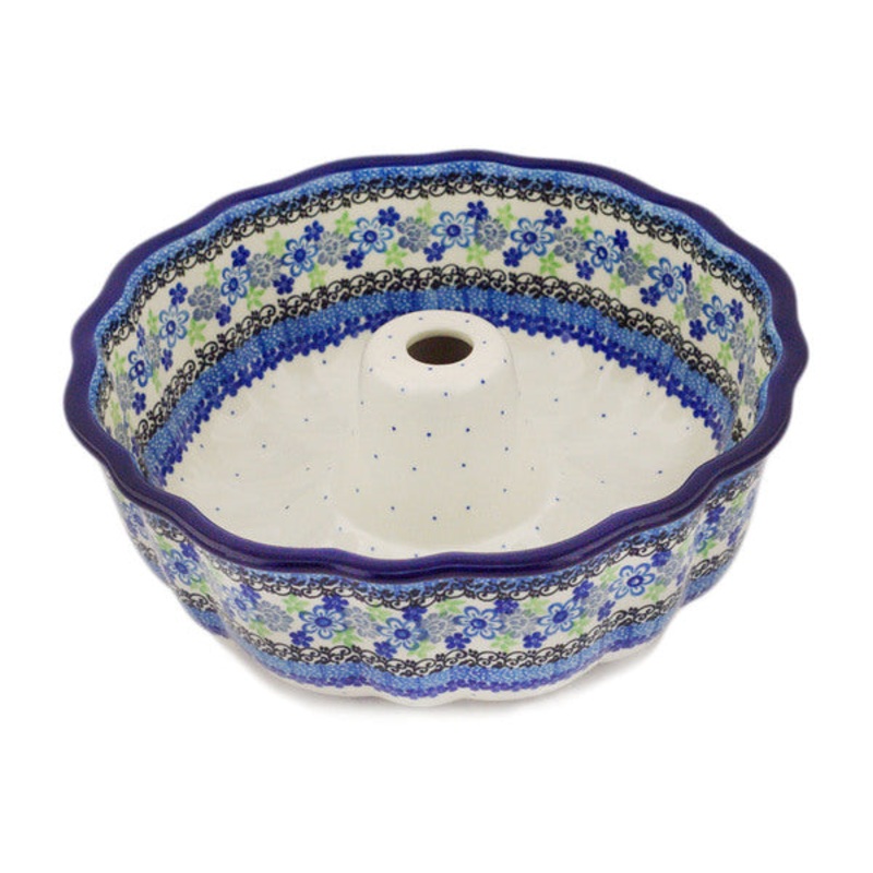 Polish Pottery 10 Cake Mould Blue And Green Flower Dream
