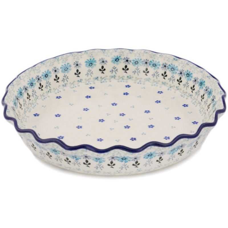Polish Pottery 10 Fluted Pie Dish Baby Blue Garden