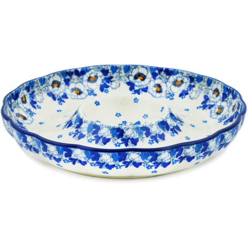 Polish Pottery 10 Chip and Dip Platter Blue Spring