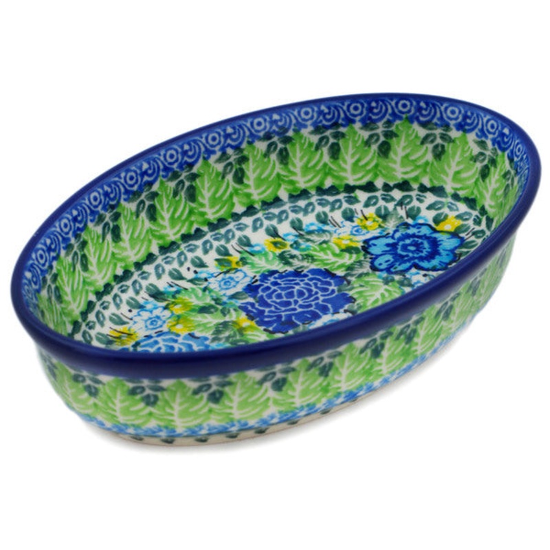 Polish Pottery 6 Condiment Dish Lime Bouquet UNIKAT