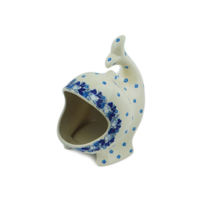 Polish Pottery Salt Cellar, Salt Pig, Sponge Holder, Whale Blue Spring