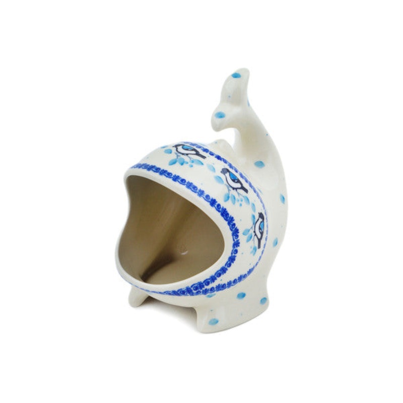 Polish Pottery Salt Cellar, Salt Pig, Sponge Holder, Whale Winter Sparrow