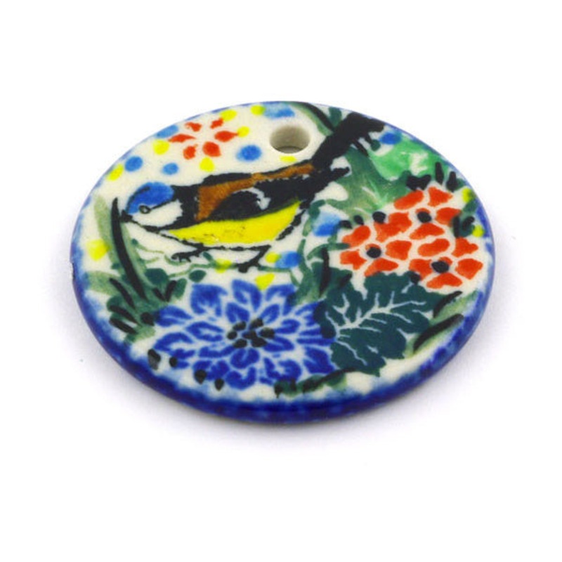 Polish Pottery 1 Circle Pendant Garden Bird UNIKAT