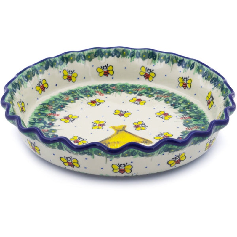 Polish Pottery 10 Fluted Pie Dish Bee Happy UNIKAT