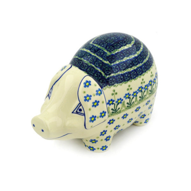 Polish Pottery 10 Pig Figurine Blue Daisy Circle