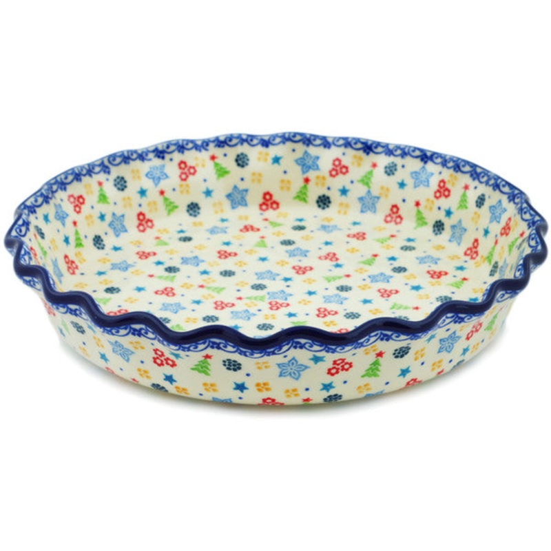 Polish Pottery 10 Fluted Pie Dish Joyful Cheer UNIKAT