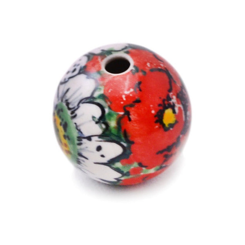 Polish Pottery 1 Bead Sweet Red Petals UNIKAT