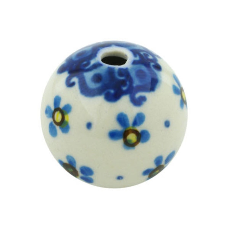 Polish Pottery 1 Bead Blue Flower Snow