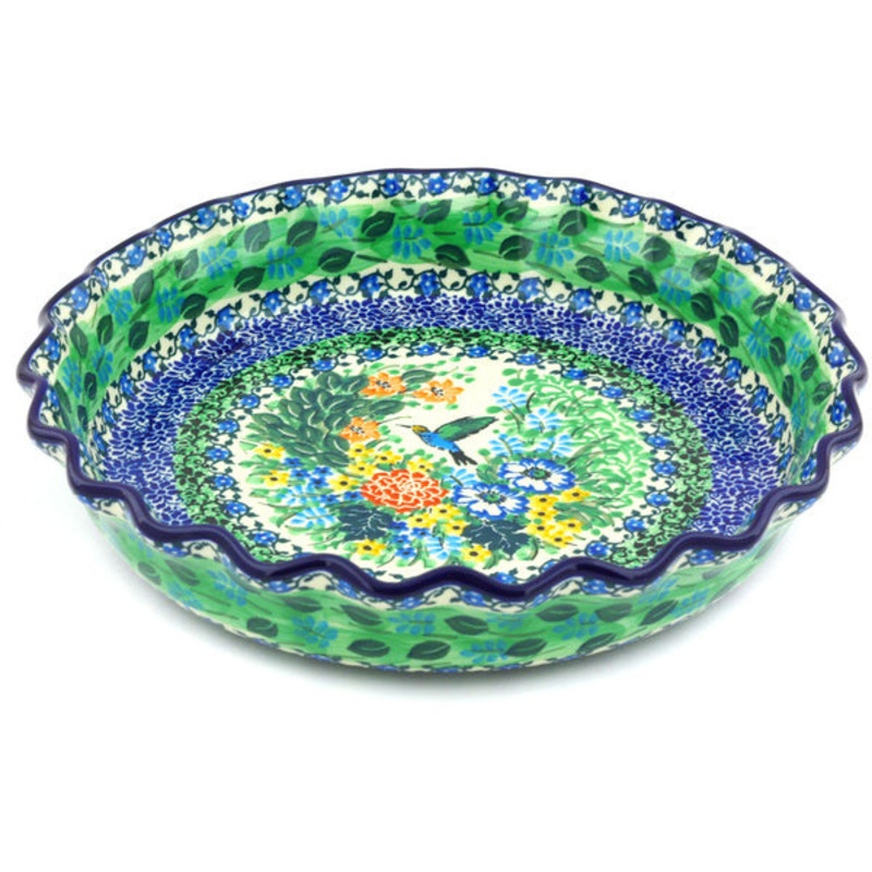 Polish Pottery 10 Fluted Pie Dish Hummingbird Meadow UNIKAT