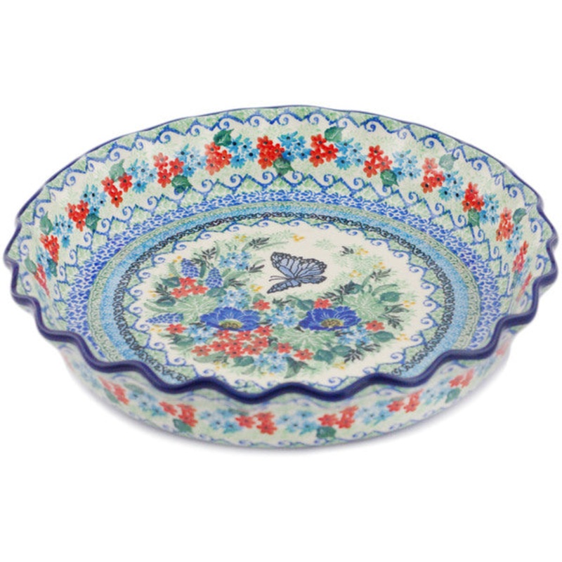 Polish Pottery 10 Fluted Pie Dish Mariposa UNIKAT